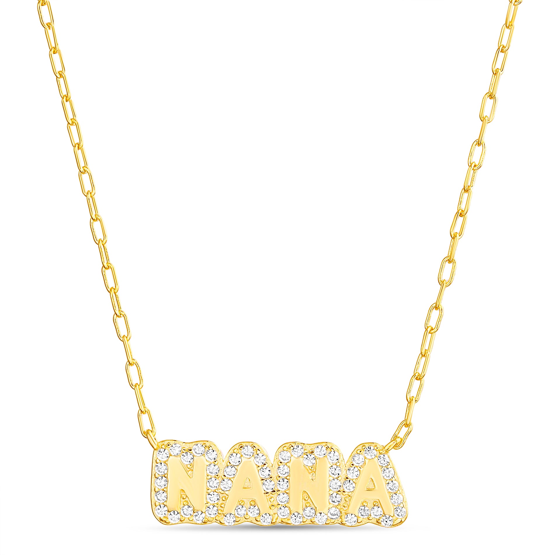 Sterling Silver Gold CZ "Nana" Pave Signet Pendant Paper Clip Necklace